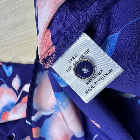 41 Hawthorn Blue Pink Floral Button Front Roll Tab Sleeve Casual Shirtdress LG - Picture 15 of 16